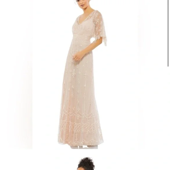 Mac Duggal 9144  V Neck Flounce Sleeve Embellished Mesh Gown in Blush 4 - Picture 3 of 7